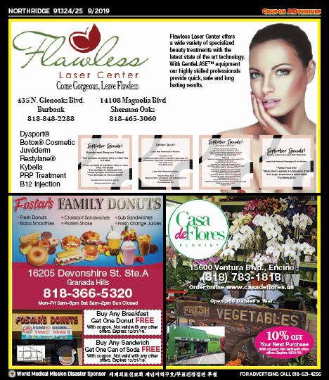 Flawless Laser Center, Fostar's Family Donuts, Casa de Flores, Northridge, coupons, direct mail, discounts, marketing, Southern California