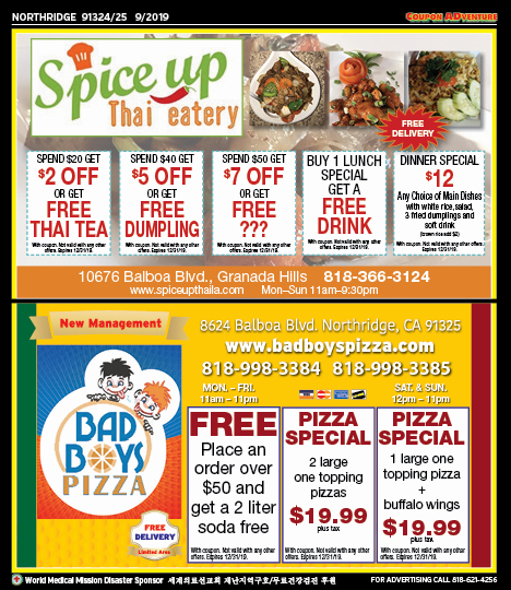 Spice Up Thai Eatery, Bad Boys Pizza, Northridge, coupons, direct mail, discounts, marketing, Southern California