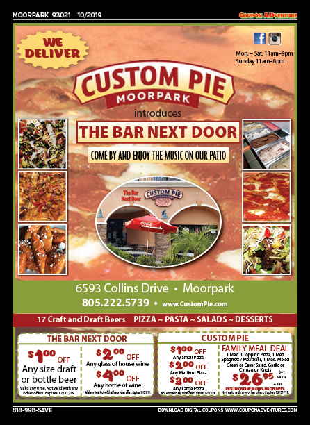 Custom Pie Moorpark, The Bar Next Door, Moorpark, coupons, direct mail, discounts, marketing, Southern California