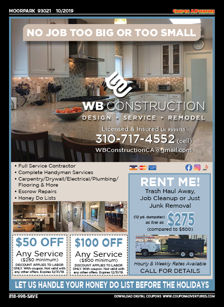 WB Construction, Moorpark, coupons, direct mail, discounts, marketing, Southern California