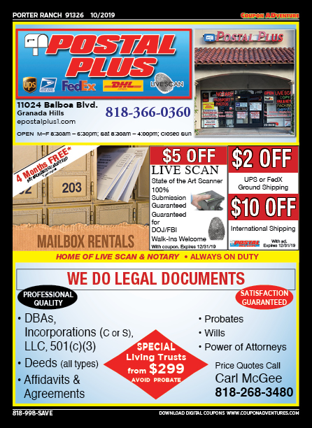 Postal Plus, Porter Ranch, coupons, direct mail, discounts, marketing, Southern California