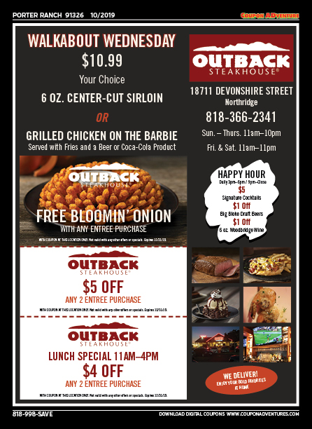 Outback Steakhouse, Porter Ranch, coupons, direct mail, discounts, marketing, Southern California