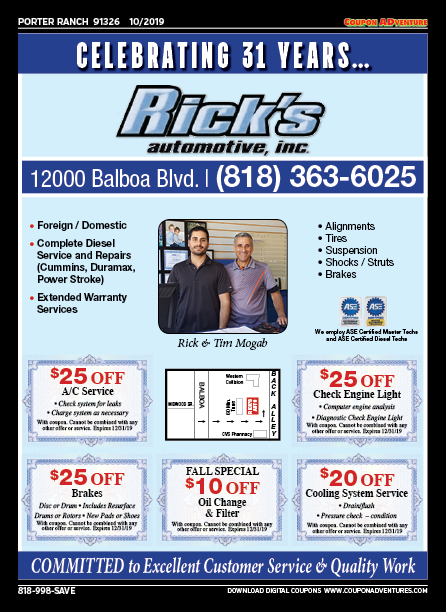 Rick's Automotive, Porter Ranch, coupons, direct mail, discounts, marketing, Southern California