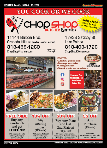 Chop Shop Butcher & Kitchen, Porter Ranch, coupons, direct mail, discounts, marketing, Southern California