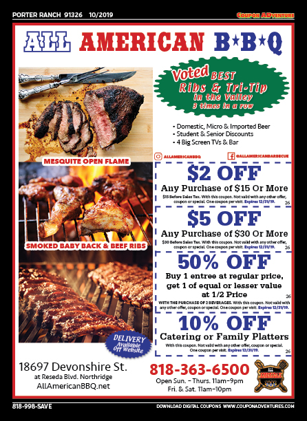 All American BBQ, Porter Ranch, coupons, direct mail, discounts, marketing, Southern California