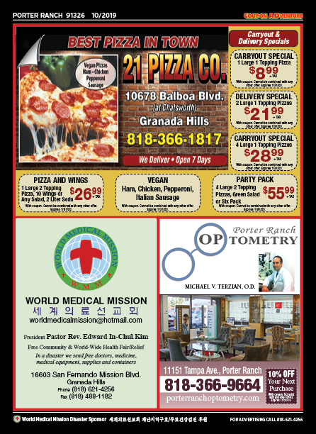 21 Pizza Co., World Medical Mission, Porter Ranch Optometry, Porter Ranch, coupons, direct mail, discounts, marketing, Southern California