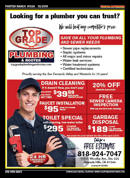 Top Grade Plumbing, Porter Ranch, coupons, direct mail, discounts, marketing, Southern California