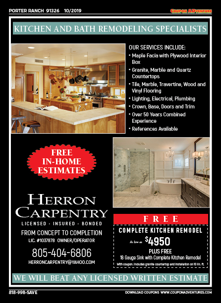 Herron Carpentry, Porter Ranch, coupons, direct mail, discounts, marketing, Southern California