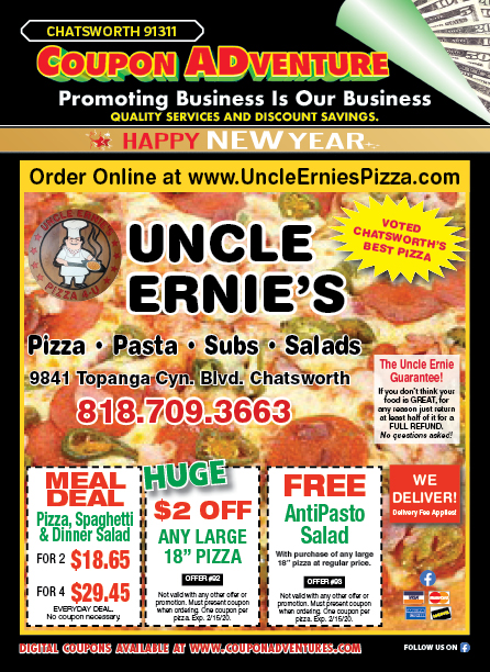 Uncle Ernie's Pizza, Chatsworth, coupons, direct mail, discounts, marketing, Southern California