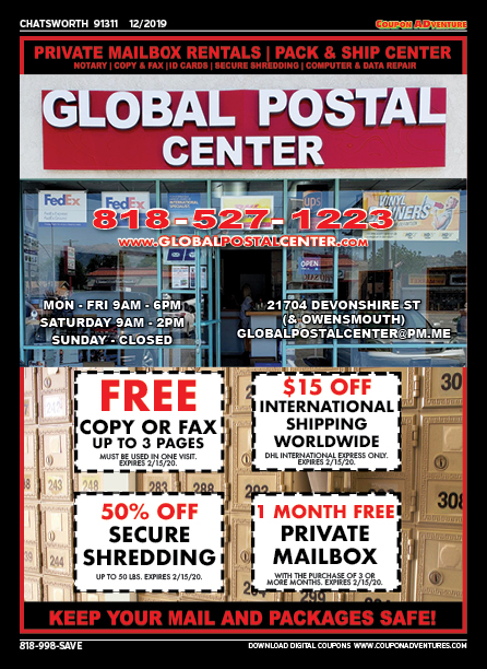 Global Postal Center, Chatsworth, coupons, direct mail, discounts, marketing, Southern California