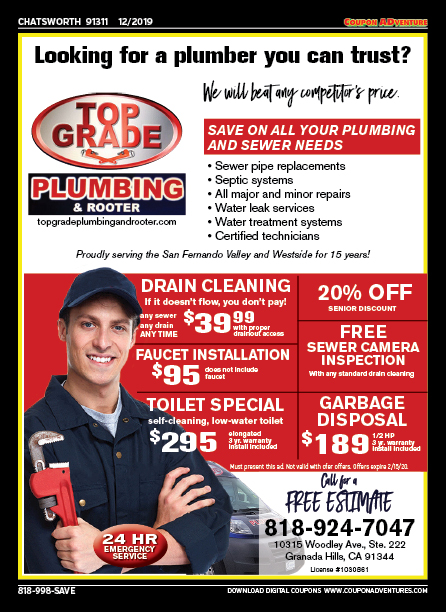 Top Grade Plumbing, Chatsworth, coupons, direct mail, discounts, marketing, Southern California