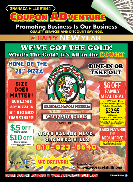 Vincenzo's Original Napoli Pizzeria, Granada Hills, coupons, direct mail, discounts, marketing, Southern California