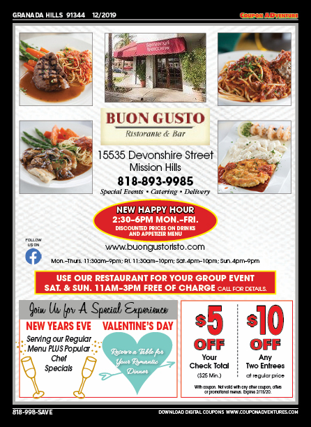 Buon Gusto, Granada Hills, coupons, direct mail, discounts, marketing, Southern California