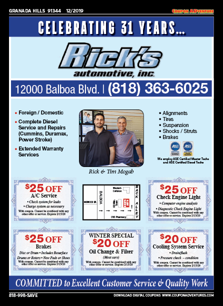 Rick's Automotive, Granada Hills, coupons, direct mail, discounts, marketing, Southern California