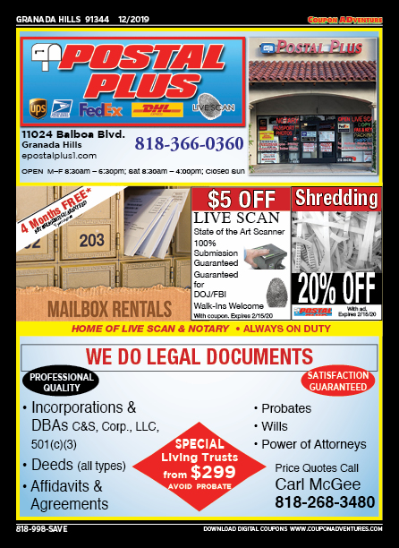 Postal Plus, Granada Hills, coupons, direct mail, discounts, marketing, Southern California