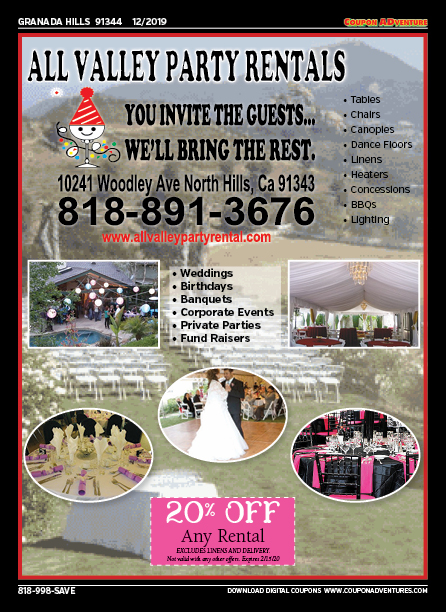 All Valley Party Rentals, Granada Hills, coupons, direct mail, discounts, marketing, Southern California