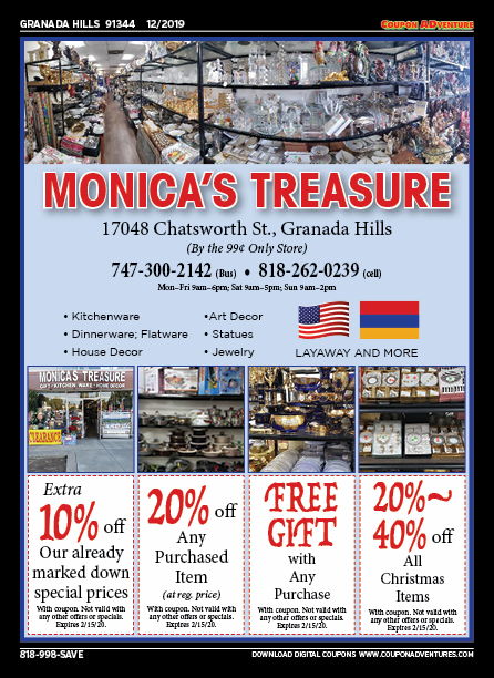 Monica's Treasure, Granada Hills, coupons, direct mail, discounts, marketing, Southern California