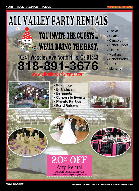 All Valley Party Rentals, Northridge, coupons, direct mail, discounts, marketing, Southern California