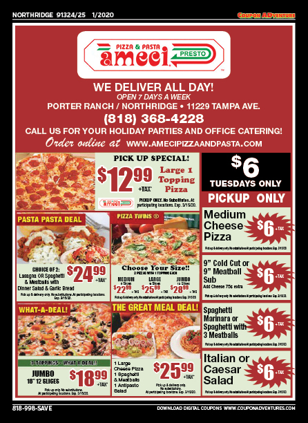 Ameci Pizza & Pasta, Northridge, coupons, direct mail, discounts, marketing, Southern California