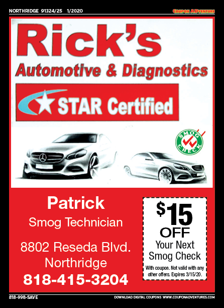 Rick's Automotitve & Diagnostics, Patrick Smog Technician, Northridge, coupons, direct mail, discounts, marketing, Southern California