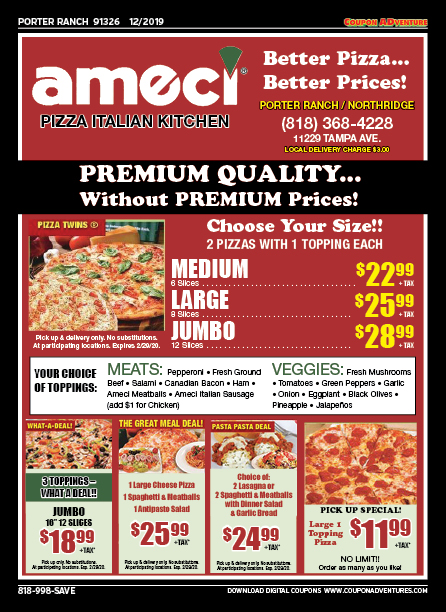 Ameci Pizza, Porter Ranch, coupons, direct mail, discounts, marketing, Southern California