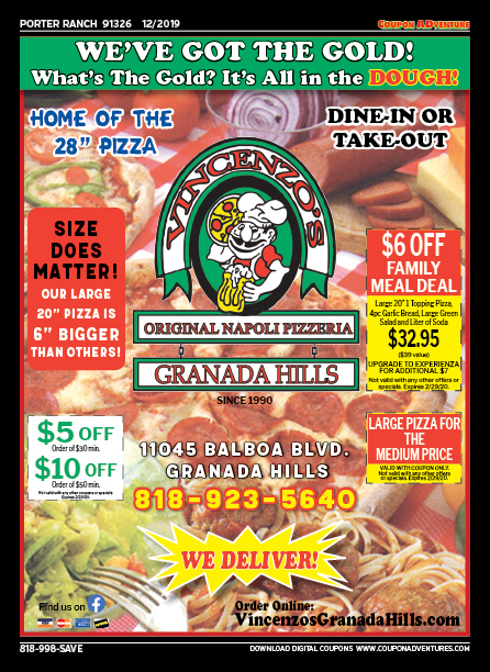Vincenzo's Original Napoli Pizzera, Porter Ranch, coupons, direct mail, discounts, marketing, Southern California