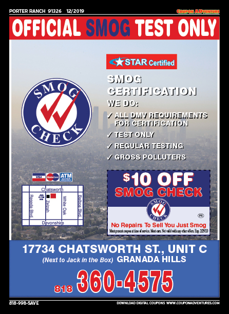 Official Smog Test Only, Porter Ranch, coupons, direct mail, discounts, marketing, Southern California