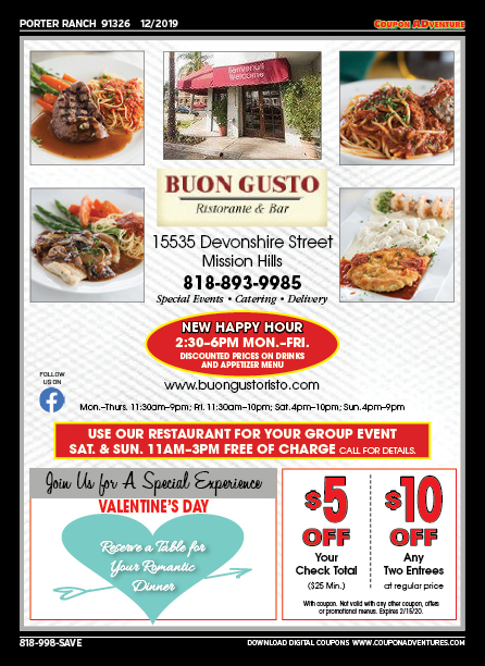 Buon Gusto, Porter Ranch, coupons, direct mail, discounts, marketing, Southern California