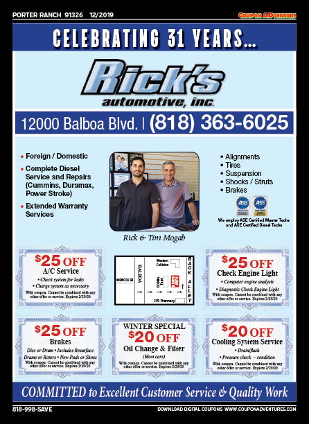 Rick's Automotive, Porter Ranch, coupons, direct mail, discounts, marketing, Southern California
