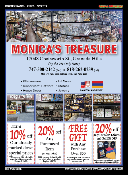 Monica's Teasure, Porter Ranch, coupons, direct mail, discounts, marketing, Southern California