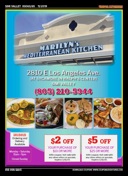 Marilyn's Mediterranean Kitchen, Simi Valley, coupons, direct mail, discounts, marketing, Southern California