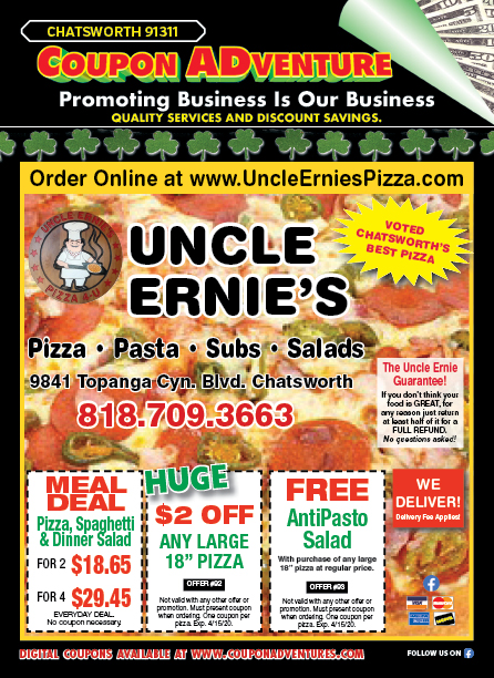 Uncle Ernie's Pizza Pasta Subs Salads, Chatsworth, coupons, direct mail, discounts, marketing, Southern California