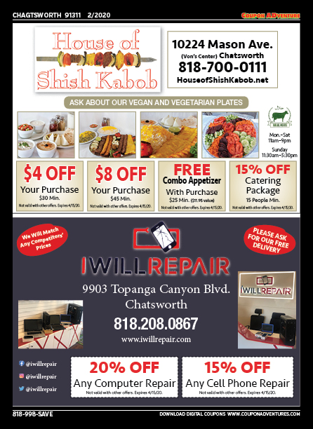 House of Shish Kabob, Chatsworth, coupons, direct mail, discounts, marketing, Southern California