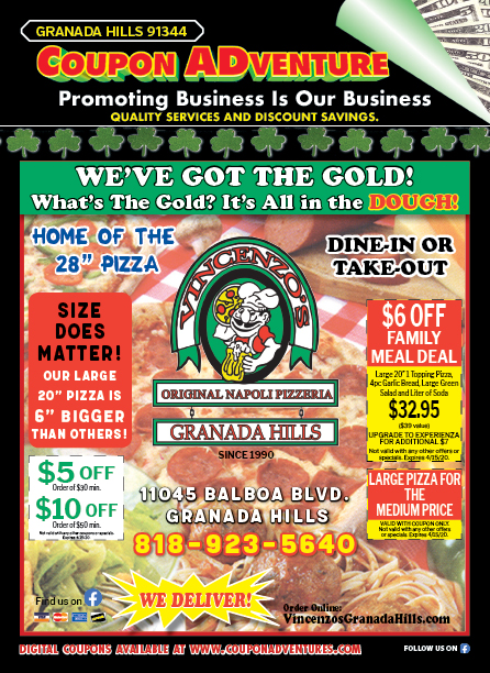 Vinenzo's Original Napoli Pizzeria, Granada Hills, coupons, direct mail, discounts, marketing, Southern California