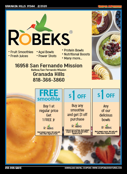 Robeks, Granada Hills, coupons, direct mail, discounts, marketing, Southern California