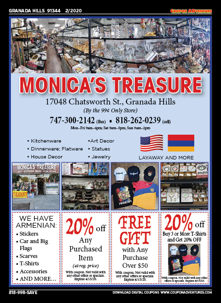 Monica's Treasure, Granada Hills, coupons, direct mail, discounts, marketing, Southern California