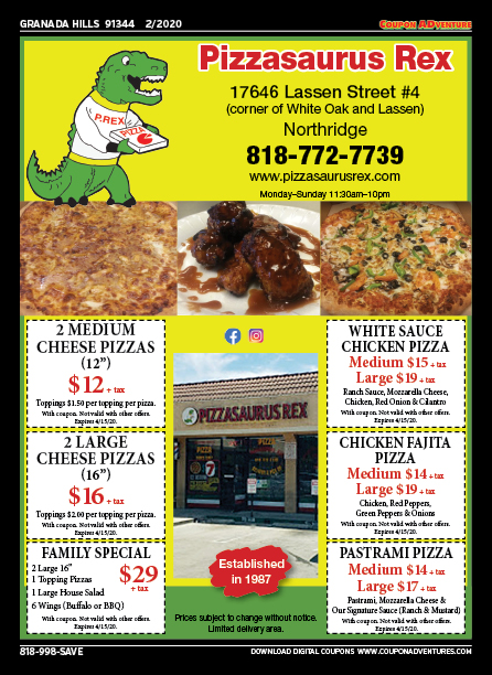 Pizzasaurus Rex, Granada Hills, coupons, direct mail, discounts, marketing, Southern California