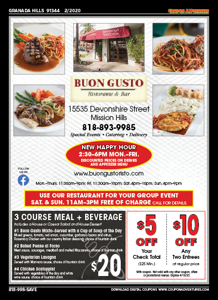 Buon Gusto, Granada Hills, coupons, direct mail, discounts, marketing, Southern California