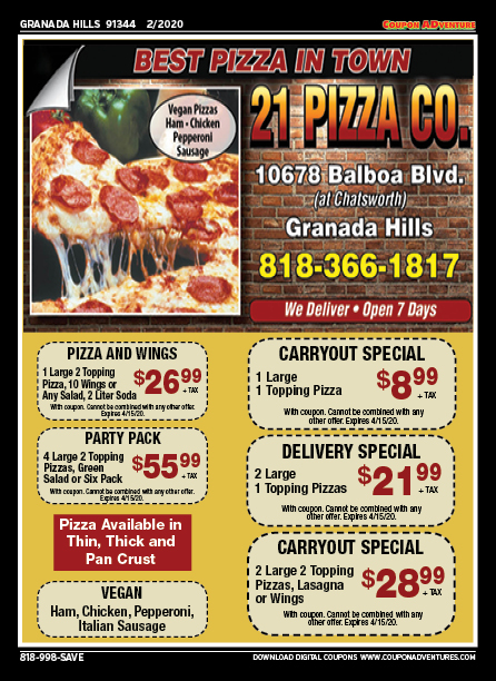21 Pizza Co., Granada Hills, coupons, direct mail, discounts, marketing, Southern California