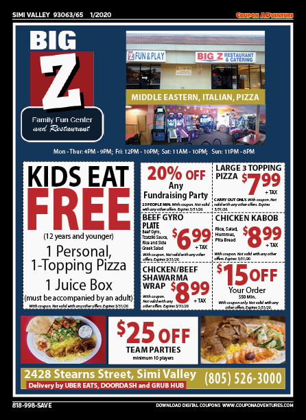 Big Z Family Fun Center and Restaurant, Simi Valley, coupons, direct mail, discounts, marketing, Southern California