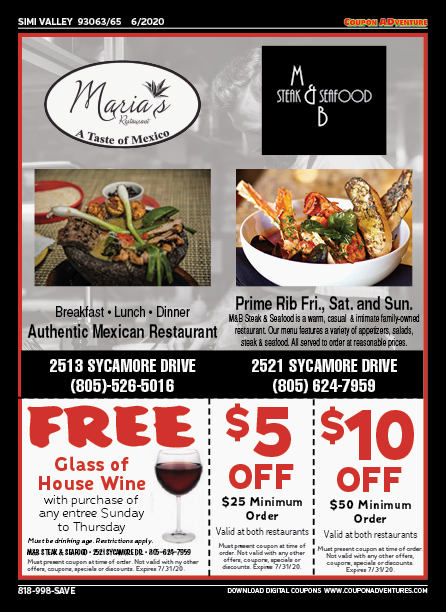 Maria's Restaurant, M&B Steak & Seafood, Simi Valley, coupons, direct mail, discounts, marketing, Southern California