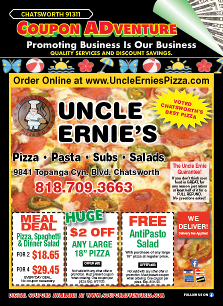 Uncle Ernie's Pizza, Chatsworth, coupons, direct mail, discounts, marketing, Southern California