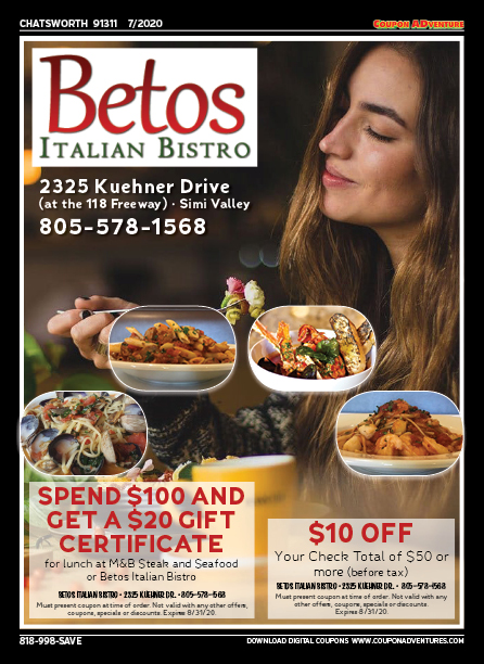 Betos Italian Bistro, Chatsworth, coupons, direct mail, discounts, marketing, Southern California