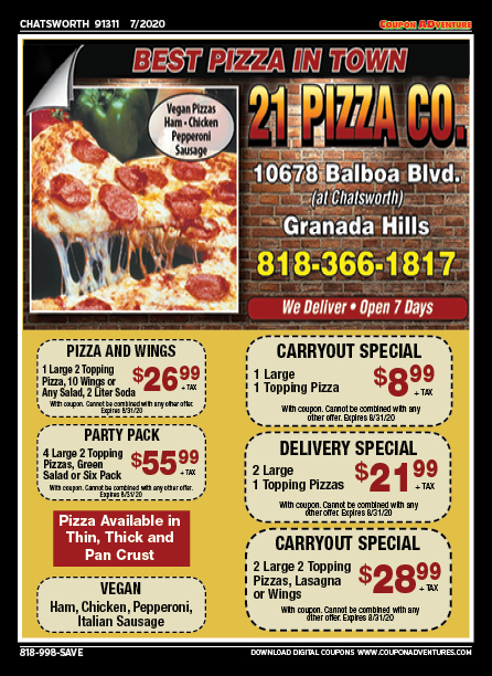 21 Pizza Co., Chatsworth, coupons, direct mail, discounts, marketing, Southern California
