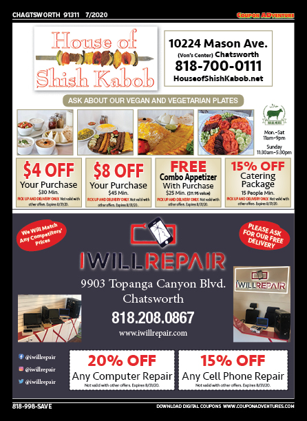 House of Shish Kabob, I Will Repair, Chatsworth, coupons, direct mail, discounts, marketing, Southern California