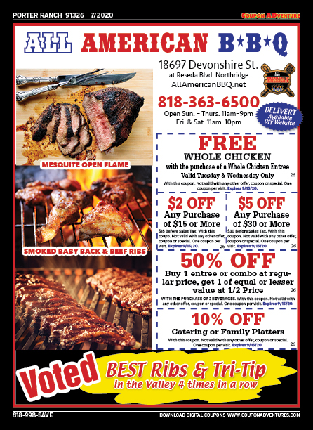 All American BBQ, Porter Ranch, coupons, direct mail, discounts, marketing, Southern California