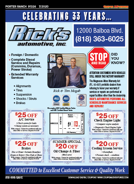 Rick's Automotive, Porter Ranch, coupons, direct mail, discounts, marketing, Southern California