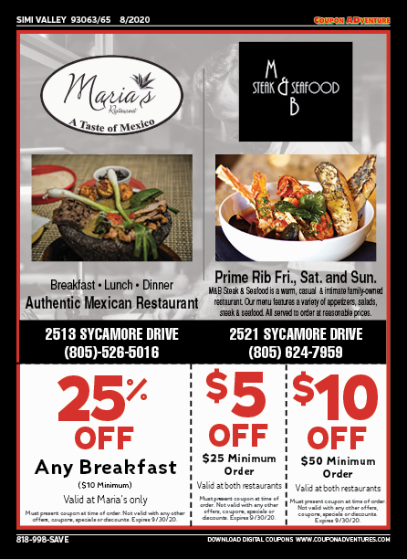 Maria's/M&B Steak & Seafood, Simi Valley, coupons, direct mail, discounts, marketing, Southern California
