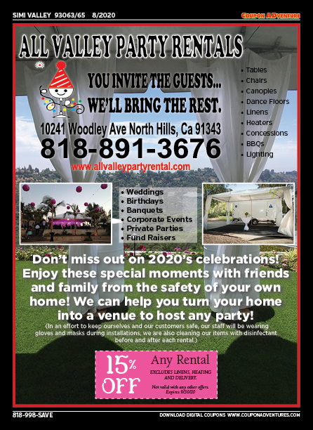 All Valley Party Rentals, Simi Valley, coupons, direct mail, discounts, marketing, Southern California