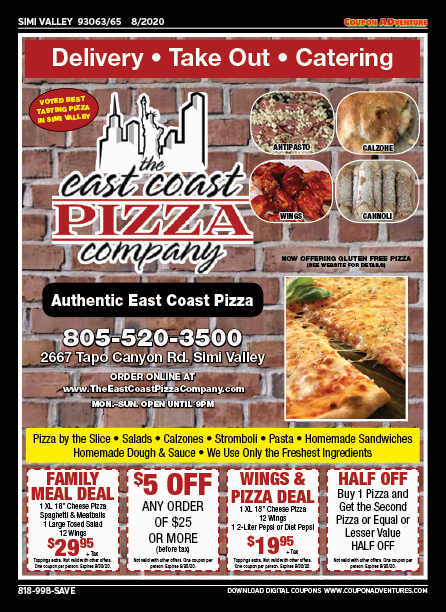 The East Coast Pizza Company, Simi Valley, coupons, direct mail, discounts, marketing, Southern California